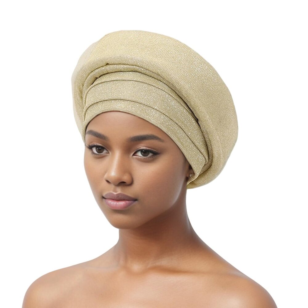 8296 Glitter Multi Laryer Pleated African Turban Cap Shiny Muslim Head
